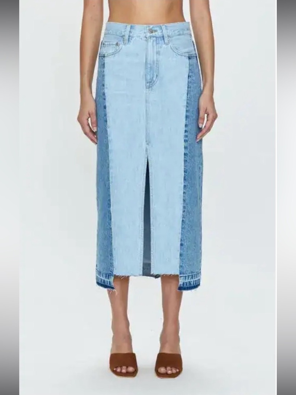 Revolve x pistola Alice Oversize Two-Tone Light Blue Denim Midi Skirt $168 USD